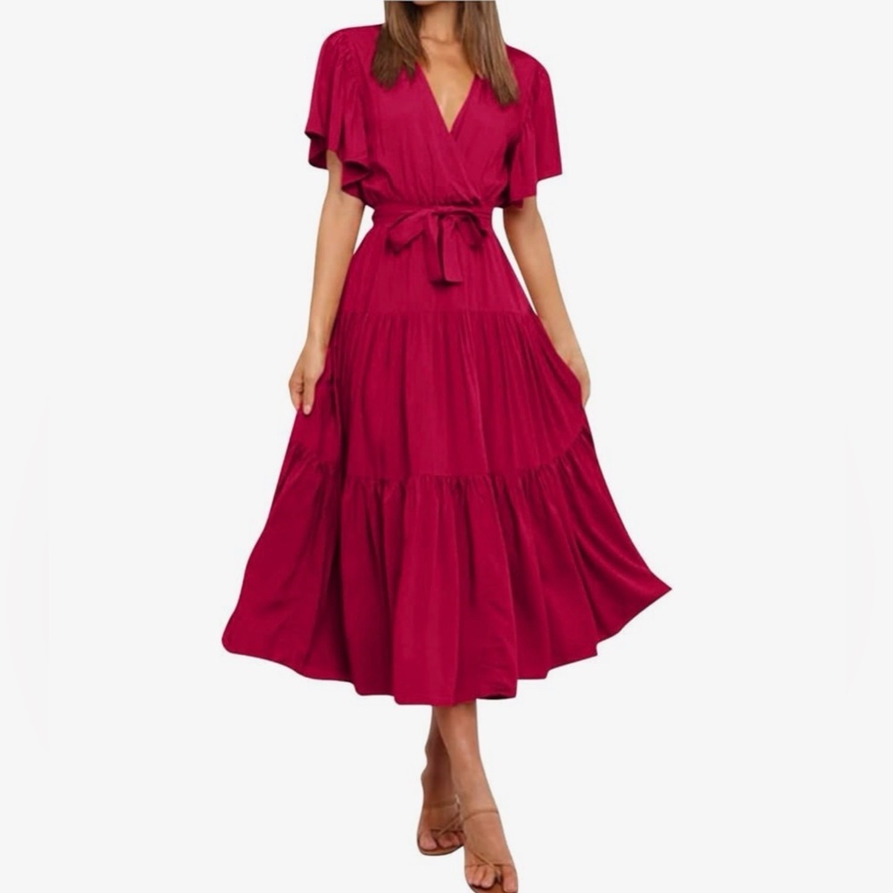 Women’s Vibrant Pink Flutter Sleeve Tiered Maxi Size Medium
